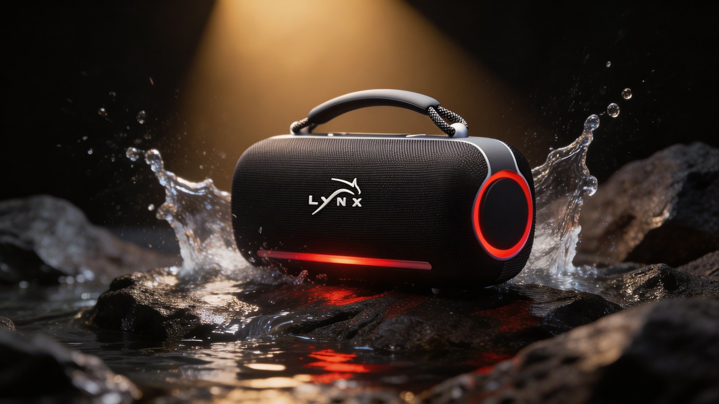 Lynx Octave portable speaker with red LED glow